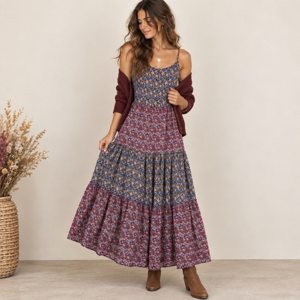 Natural Life XS/S Floral Tiered Maxi Dress Boho Cottagecore Spaghetti Strap Read